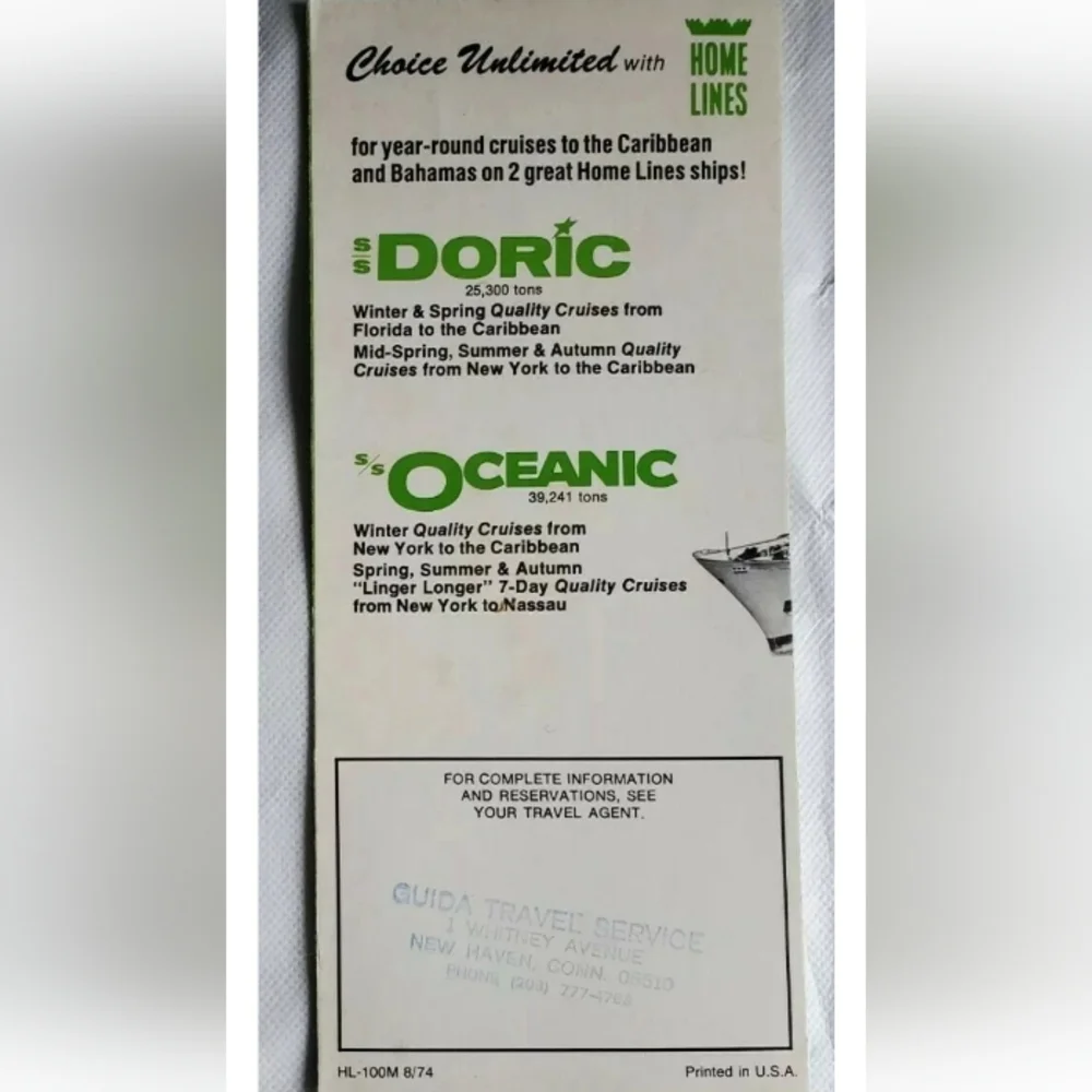Vintage SS Doric (Home Lines) 1975 Cruise pamphlet New York